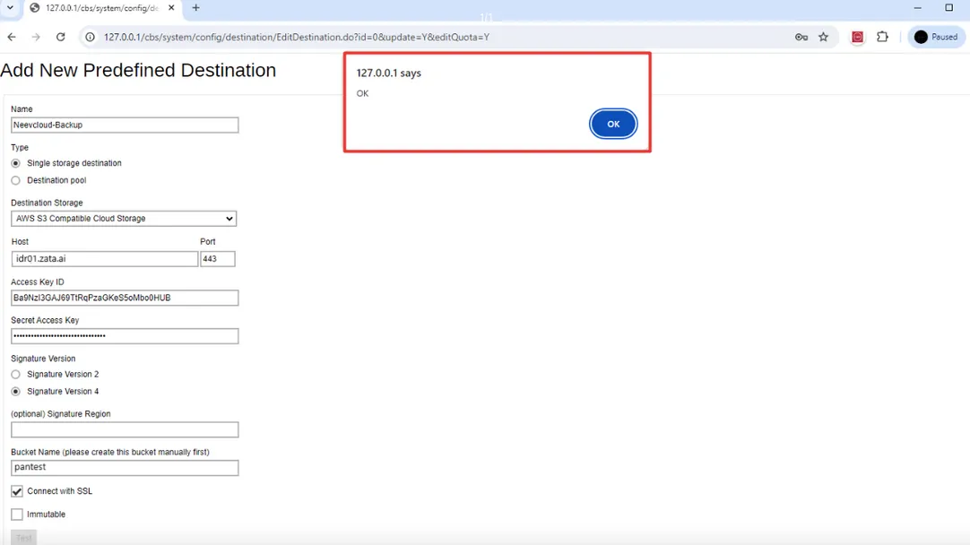 Add New Predefined Destination form with host idr01.zata.ai, port 443, signature version 4 and Connect with SSL ticked, and the OK message from Test