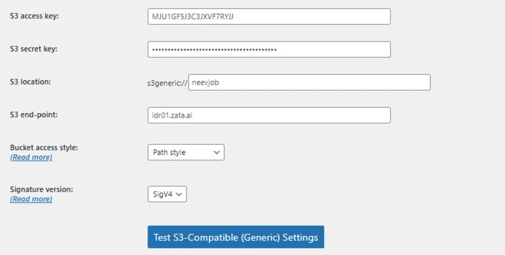 S3-Compatible (Generic) settings with access key, secret key, S3 location, end-point idr01.zata.ai, Path style and SigV4