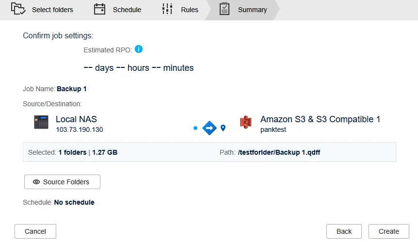 Summary step of the backup job with the source, destination and schedule