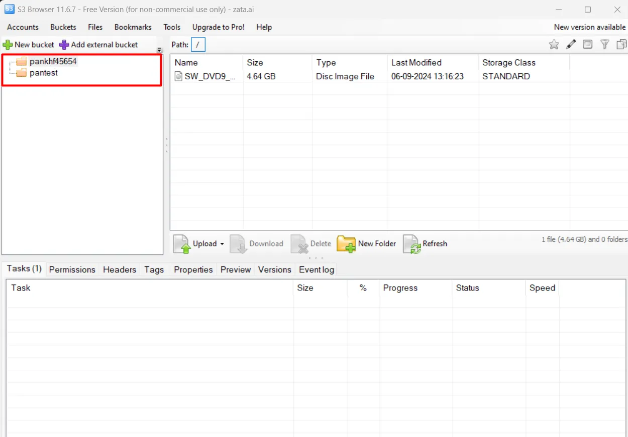 S3 Browser showing two Zata buckets in the bucket list