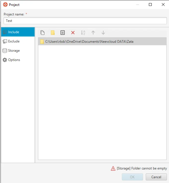 Project window with the Include tab and one folder added