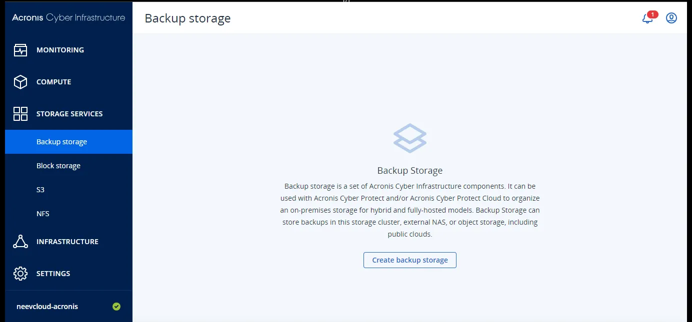 Backup storage page with the Create backup storage button