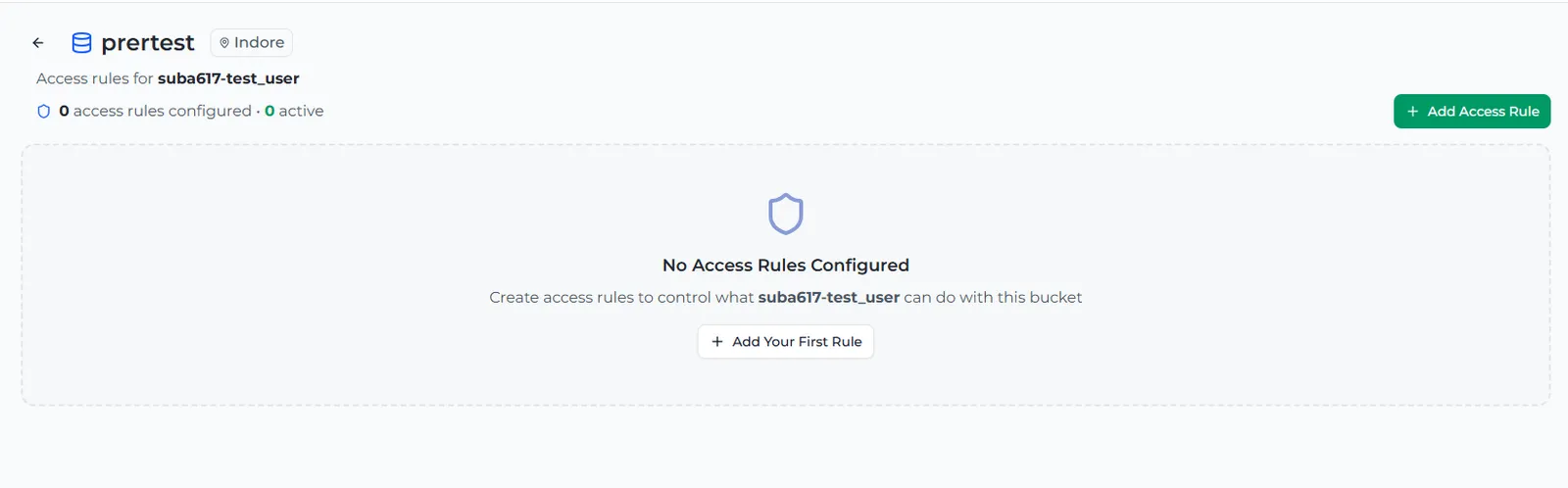 A bucket's access rule page for a sub-user with no rules yet and the Add Access Rule button