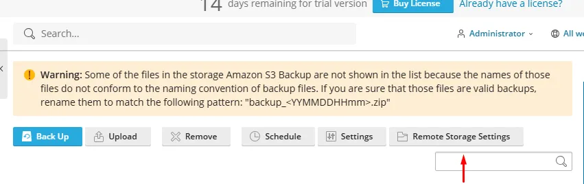 Backup Manager toolbar with the Remote Storage Settings button