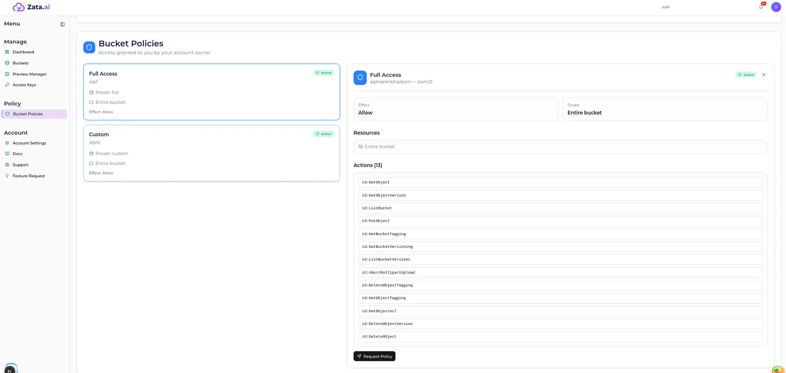 A policy's details panel with effect, scope, resources, a list of allowed S3 actions and a Request Policy button