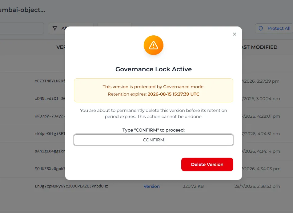 The Governance Lock Active window with the retention end date, the CONFIRM field and the Delete Version button