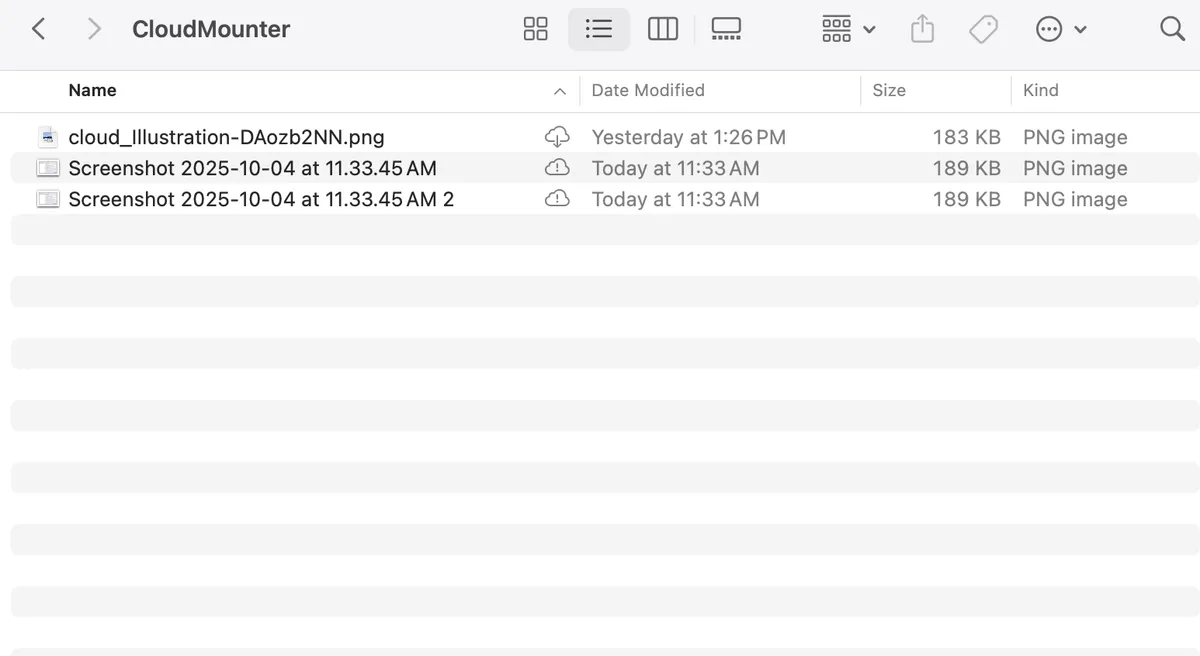 The mounted bucket open in Finder, listing three files