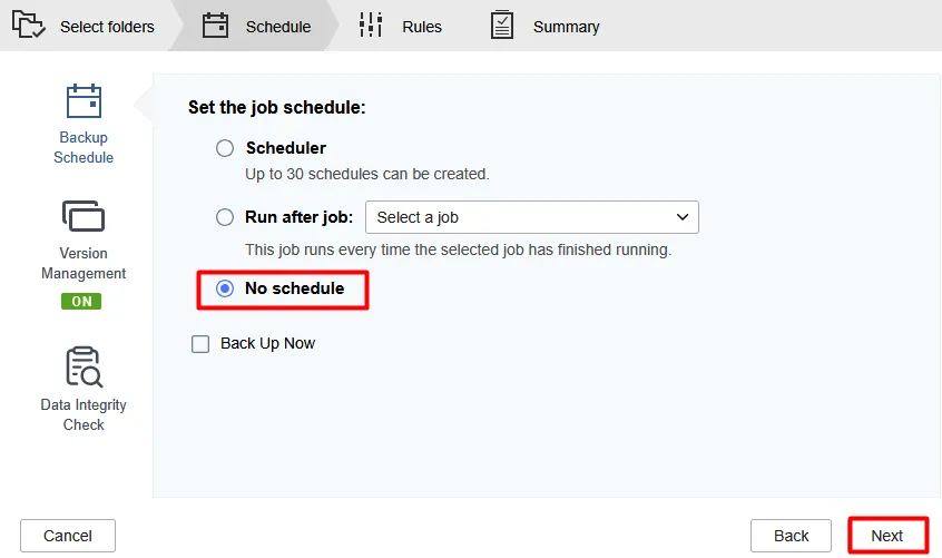 Schedule step with the Scheduler, Run after job and No schedule options