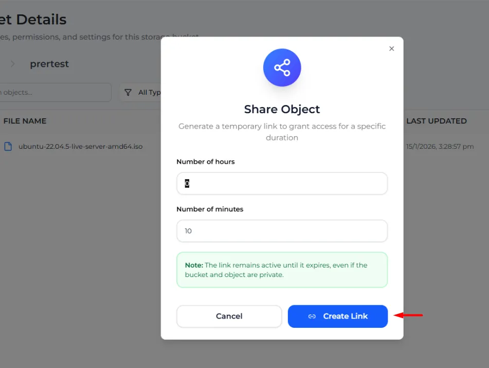 The Share Object window with the hours and minutes fields and the Create Link button