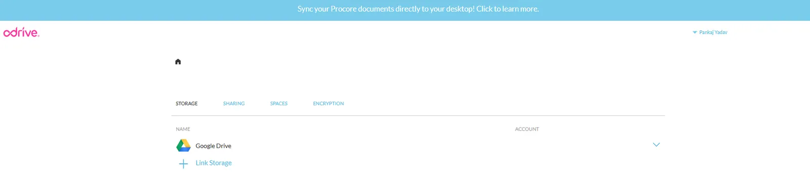 The odrive STORAGE tab with the Link Storage option