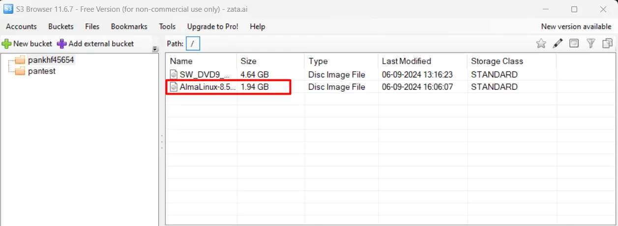 The uploaded file highlighted in the bucket's file list