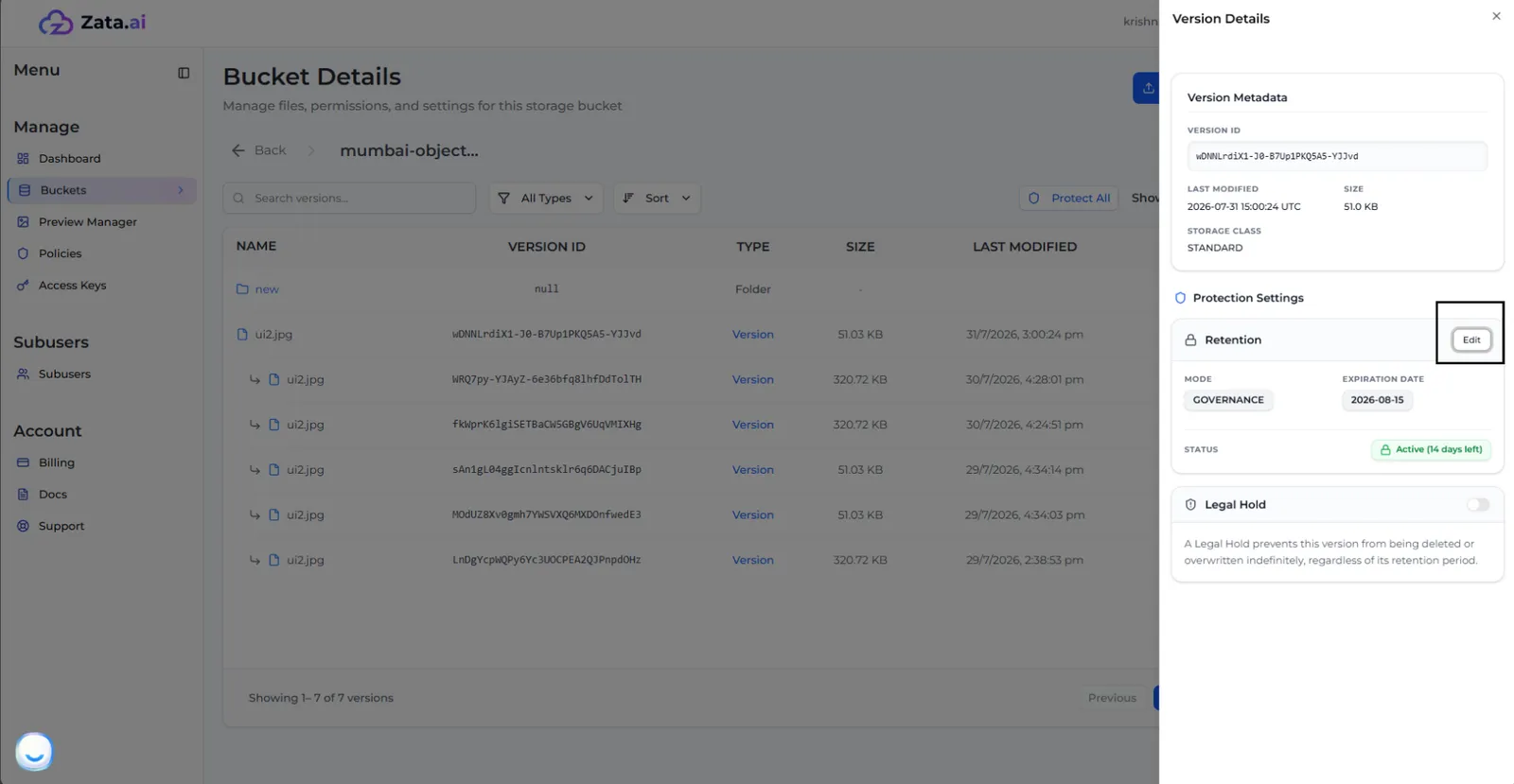 The Version Details panel with a Governance retention, its expiration date, the Edit button and the Legal Hold switch