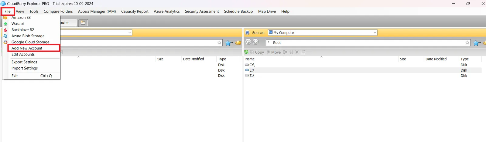 File menu of CloudBerry Explorer with Add New Account highlighted
