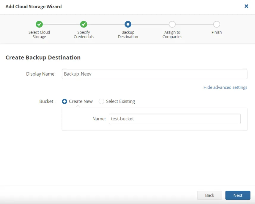 Create Backup Destination step with the Create New and Select Existing bucket options