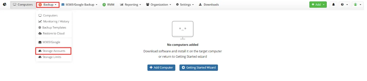 Backup menu in the MSP360 console with Storage Accounts highlighted