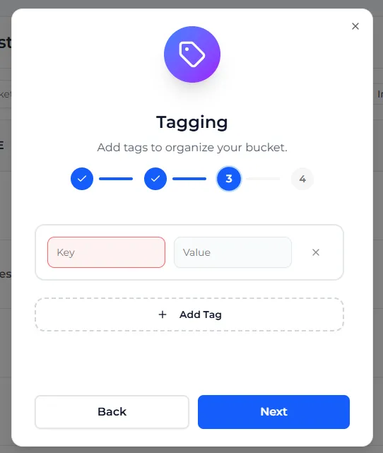 Step 3 of Create Bucket: an empty Key and Value row and the Add Tag button