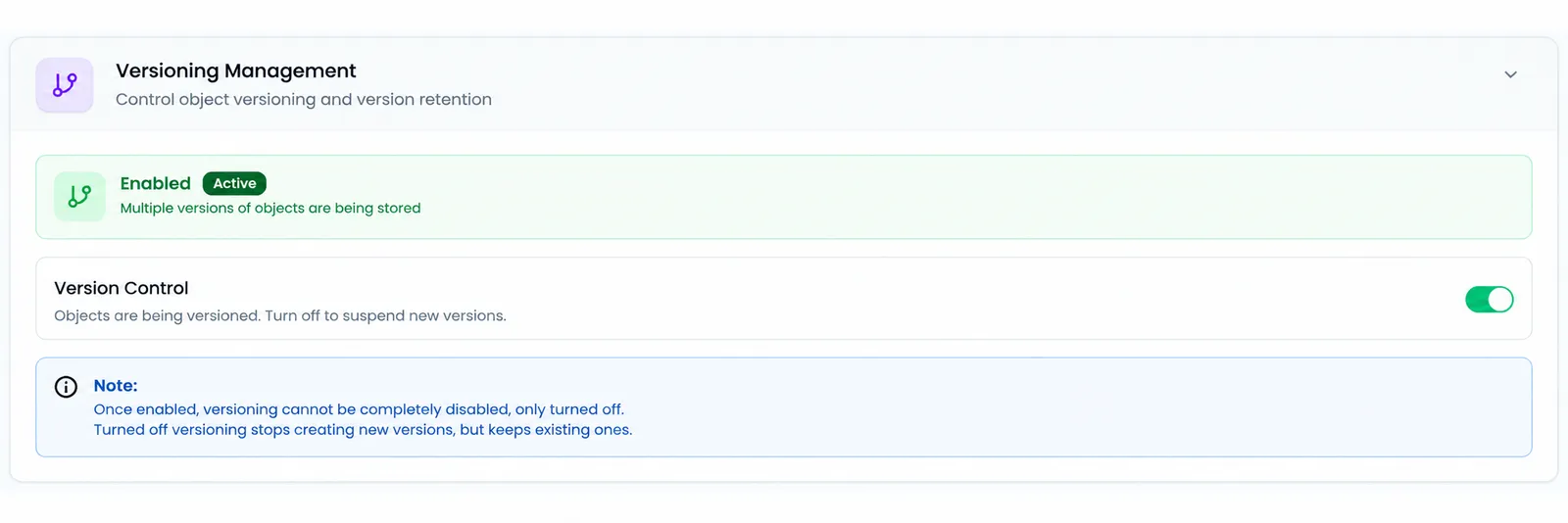 Versioning Management showing the Enabled (Active) status, the Version Control switch turned on and the note that versioning can only be turned off