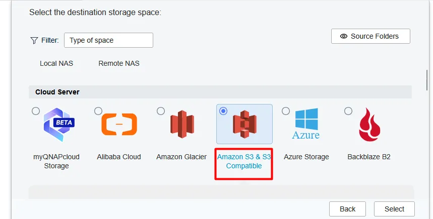 Destination storage space list with Amazon S3 & S3 Compatible selected