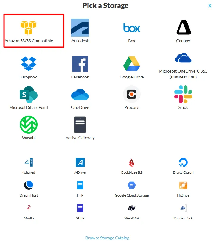 Pick a Storage with Amazon S3/S3 Compatible highlighted