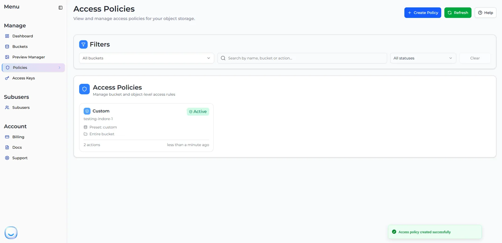 The Access Policies list showing a new Active policy card with its bucket, preset, scope and number of actions