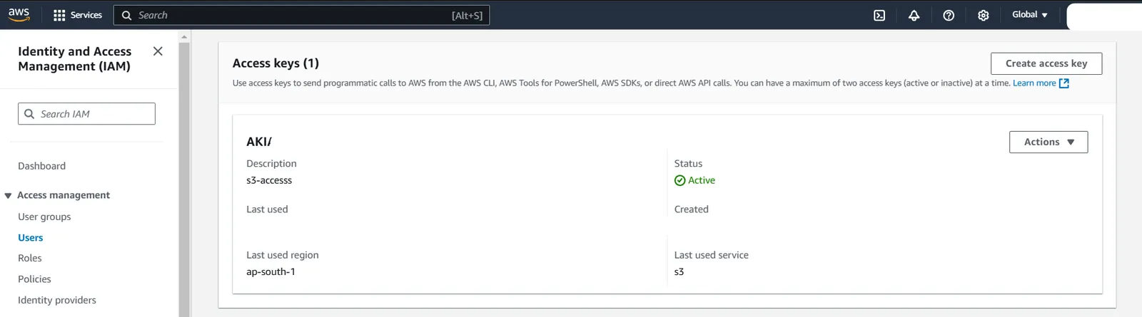 The Access keys section of an IAM user in the AWS console with the Create access key button