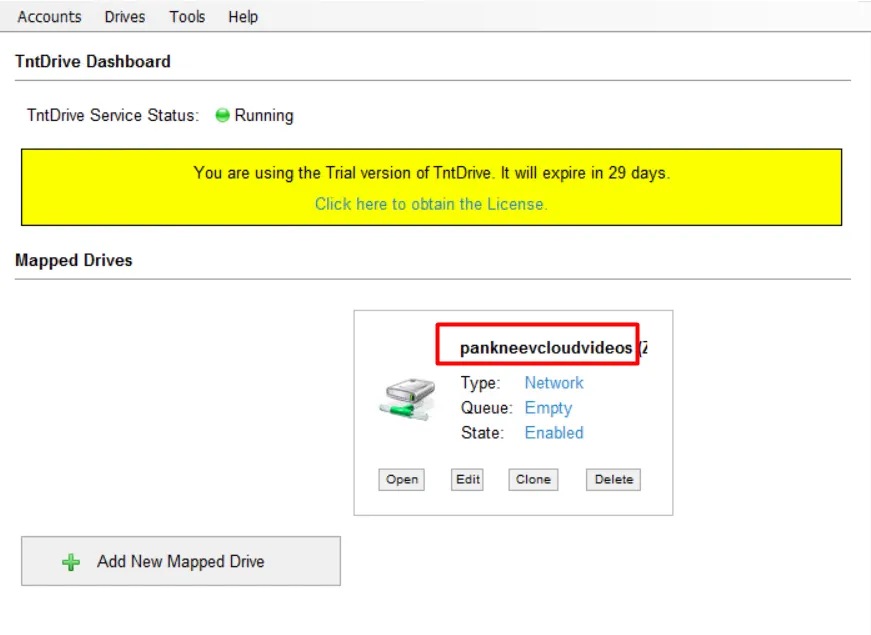 TntDrive dashboard with the new mapped drive listed and enabled
