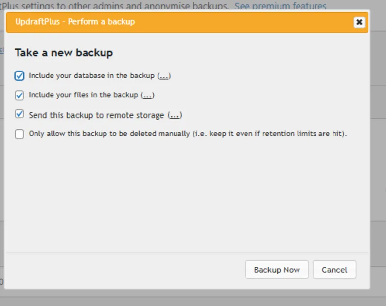 Take a new backup dialog with the database, files and remote storage options ticked