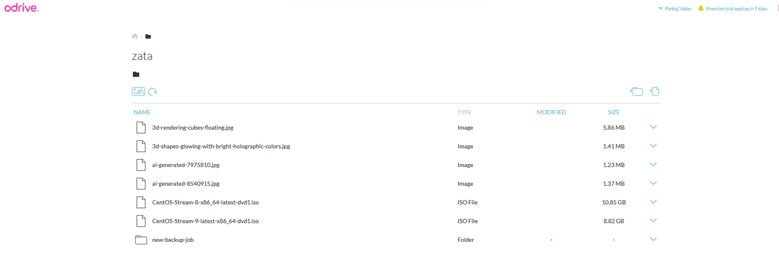 The linked zata storage open in odrive, listing files and a folder from the bucket