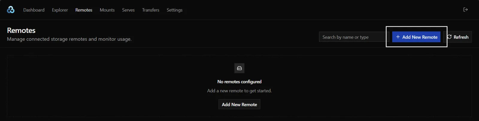 The Remotes page of the rclone web GUI with the Add New Remote button highlighted