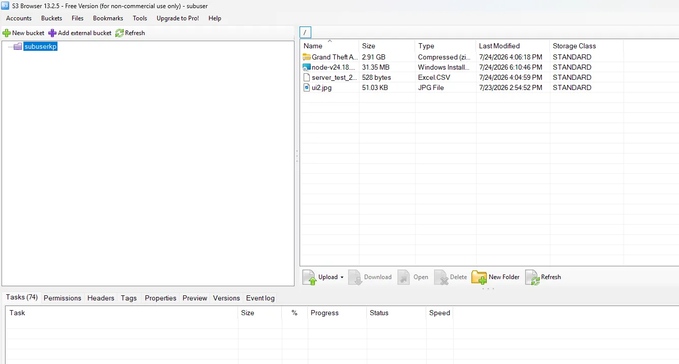 The added bucket selected in S3 Browser, with its files listed on the right
