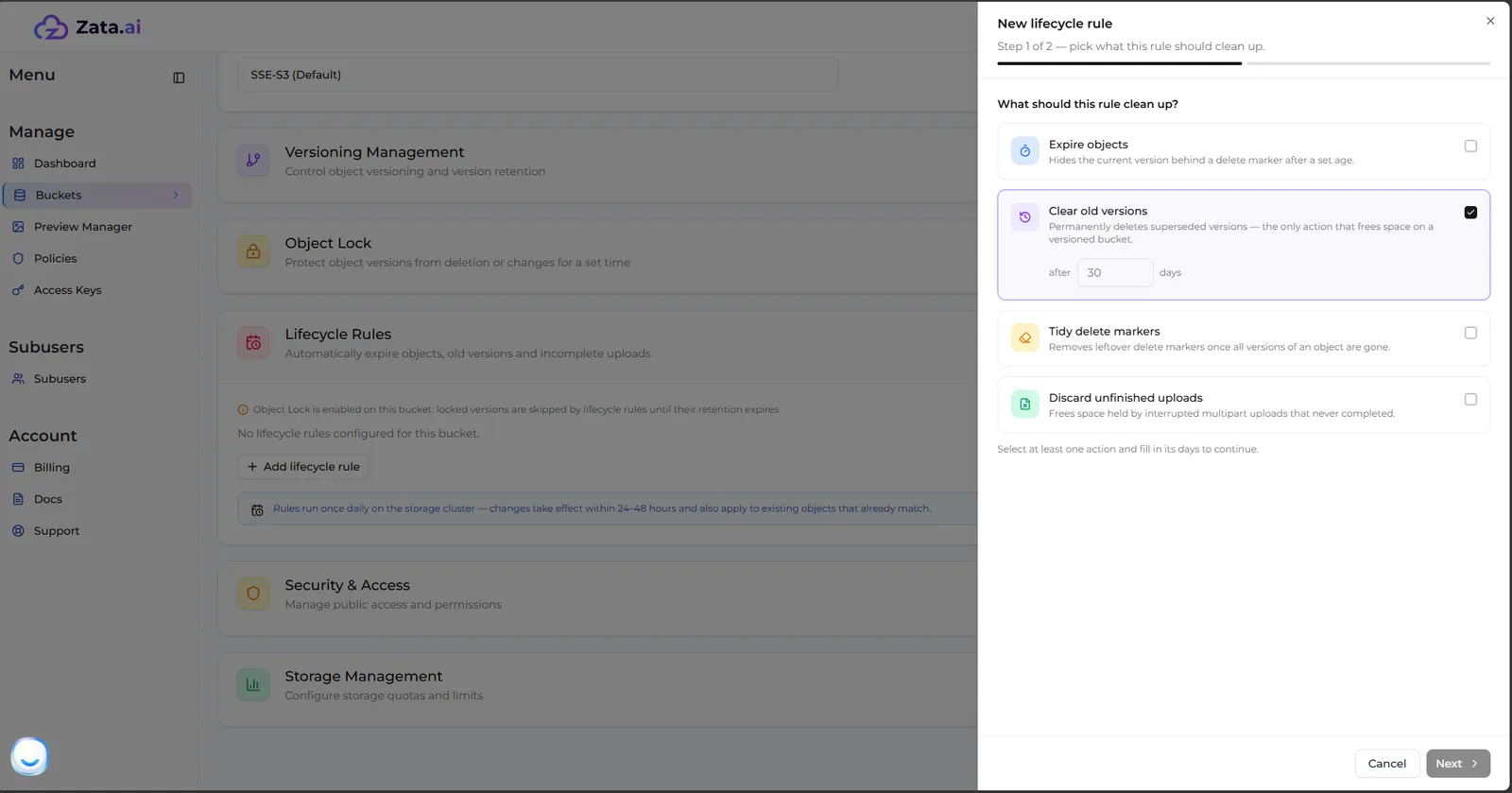 New lifecycle rule step 1 with Clear old versions ticked and after 30 days entered