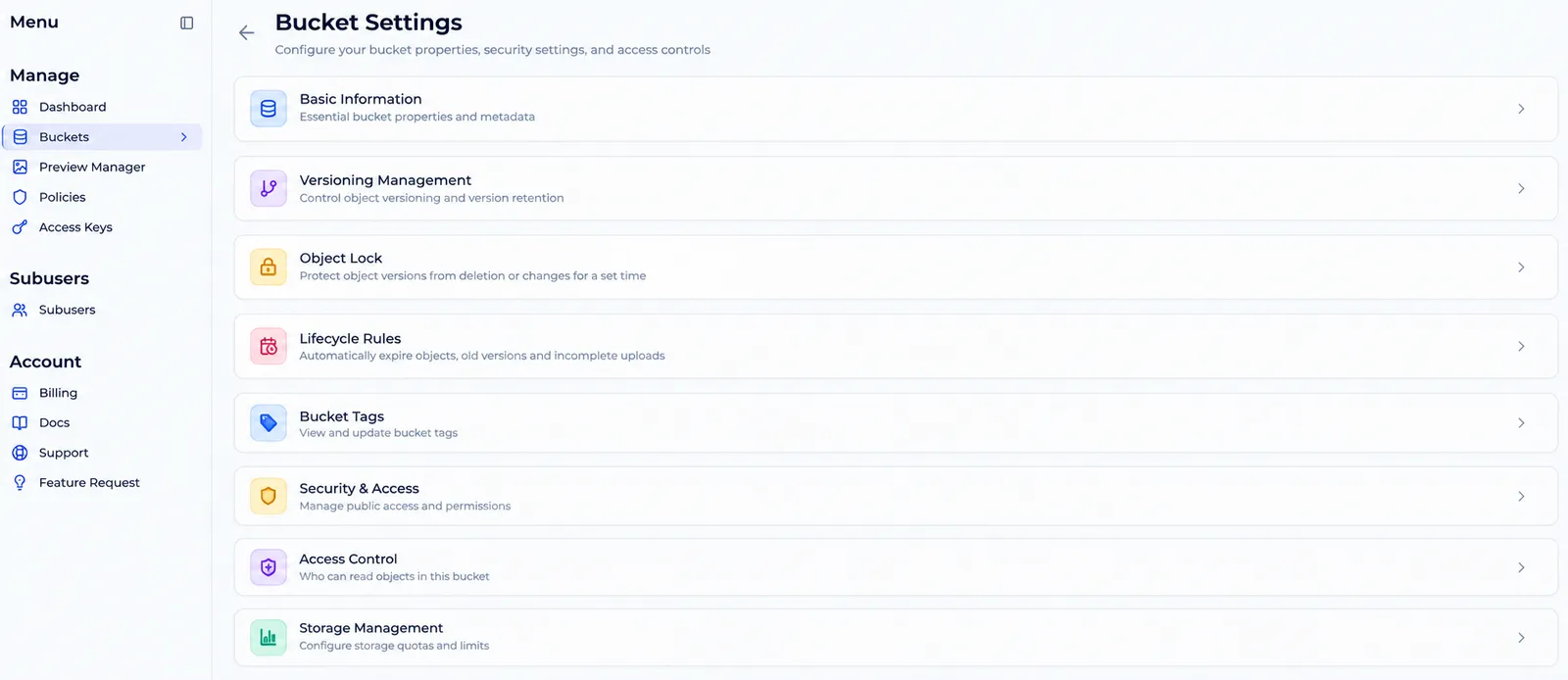 The Bucket Settings page of a bucket with Object Lock, showing the sections Basic Information, Versioning Management, Object Lock, Lifecycle Rules, Bucket Tags, Security and Access, Access Control and Storage Management