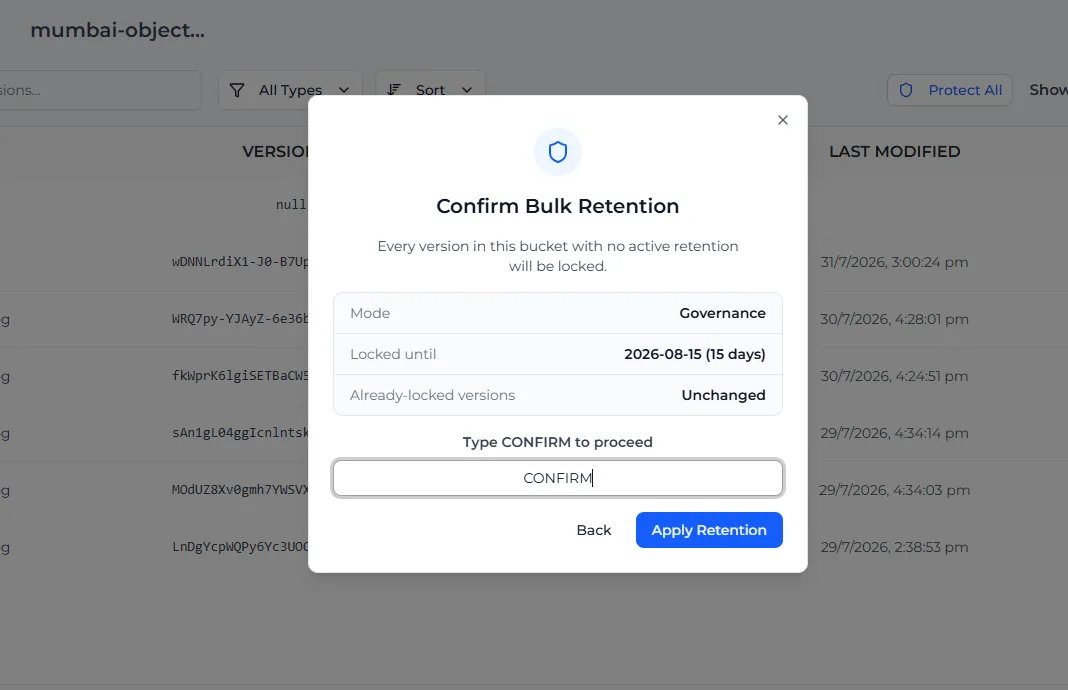 The Confirm Bulk Retention window showing mode, locked-until date and the CONFIRM field