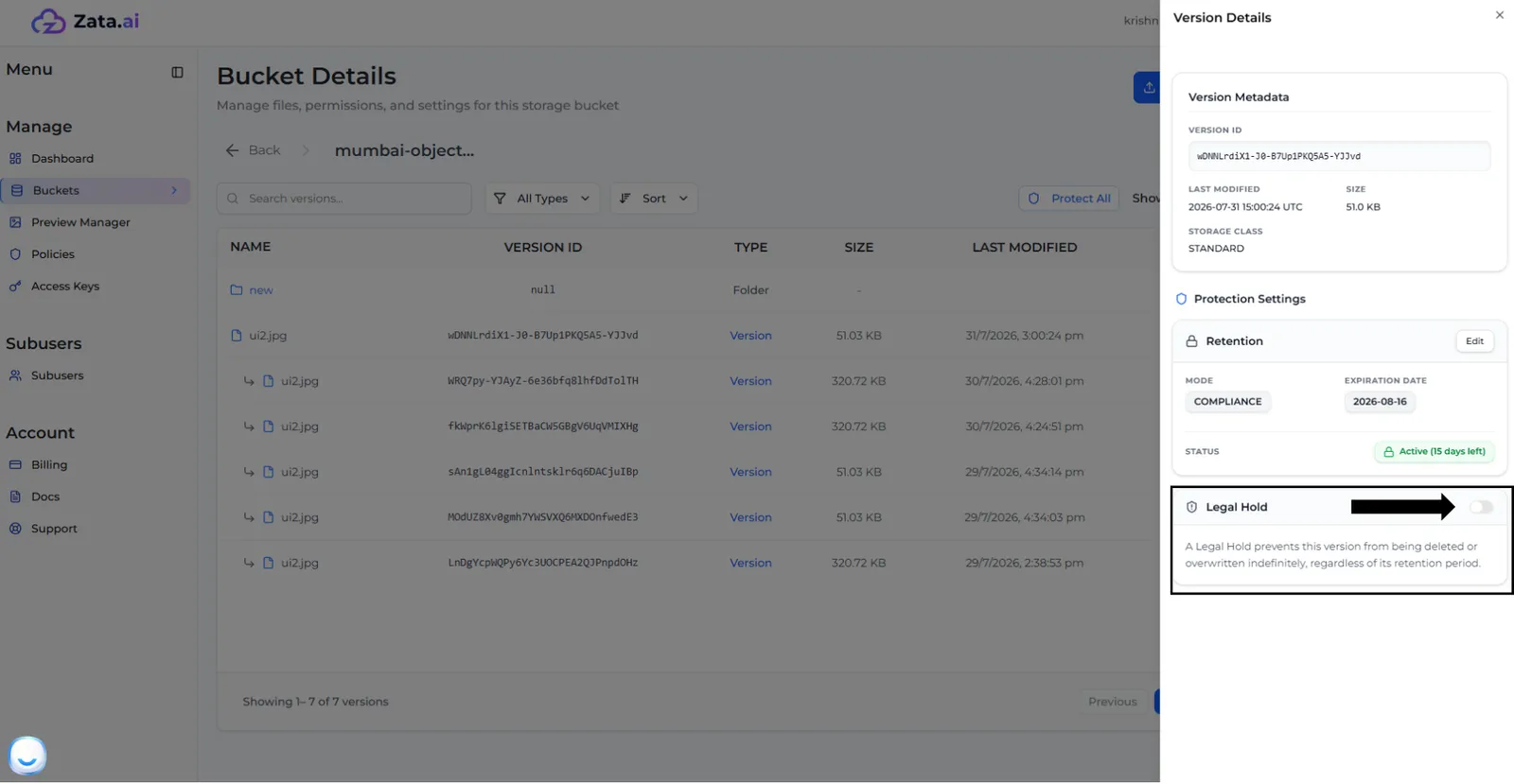 Version Details with the Legal Hold switch pointed out below the Retention section