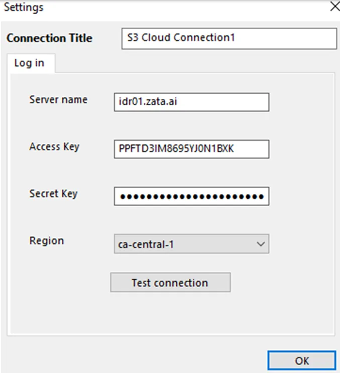 Connection settings with server name idr01.zata.ai, access key, secret key, region and the Test connection button